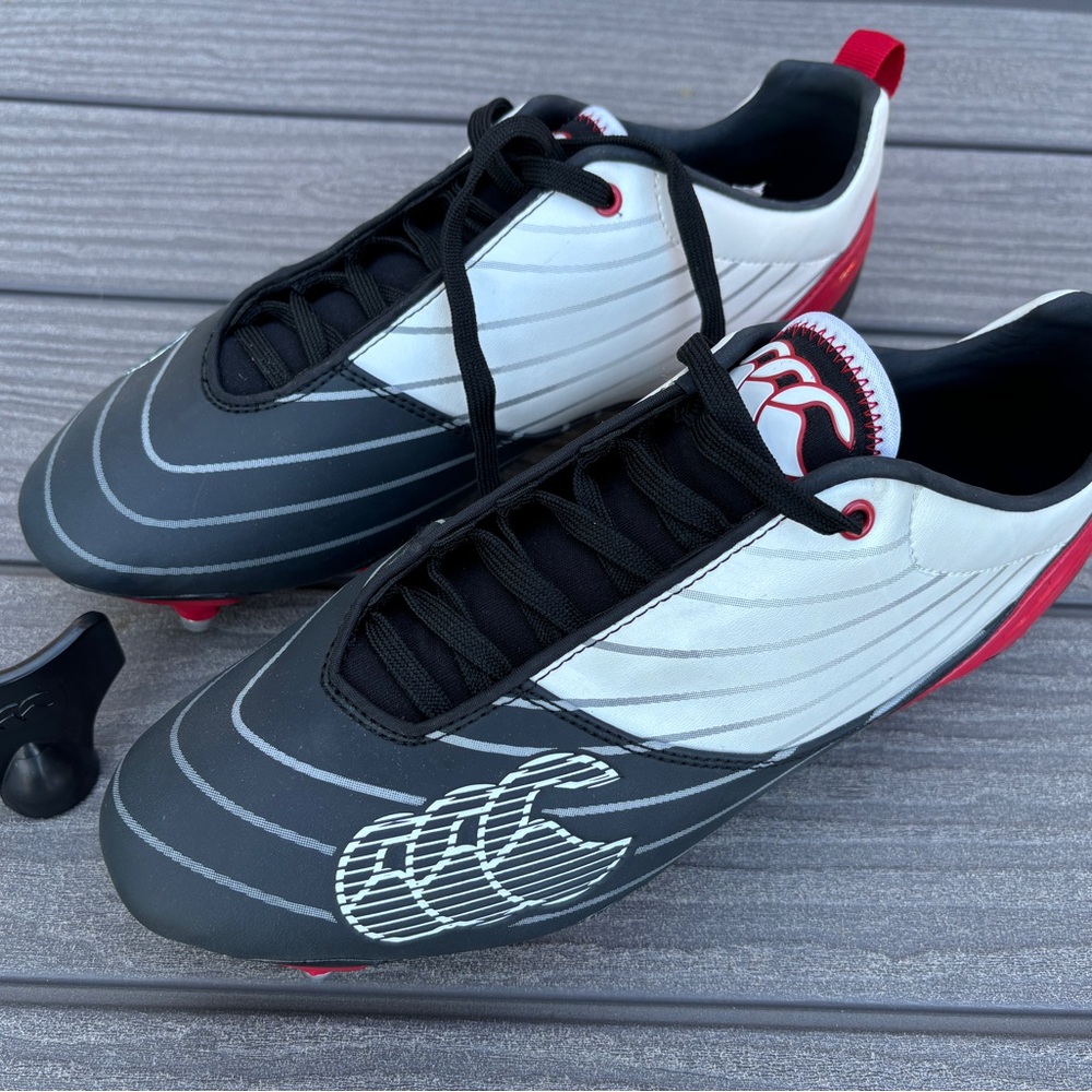 Canterbury Cleats Speed Club 6 Stud Rugby, Size 9, Brand New (White/Black/Red)